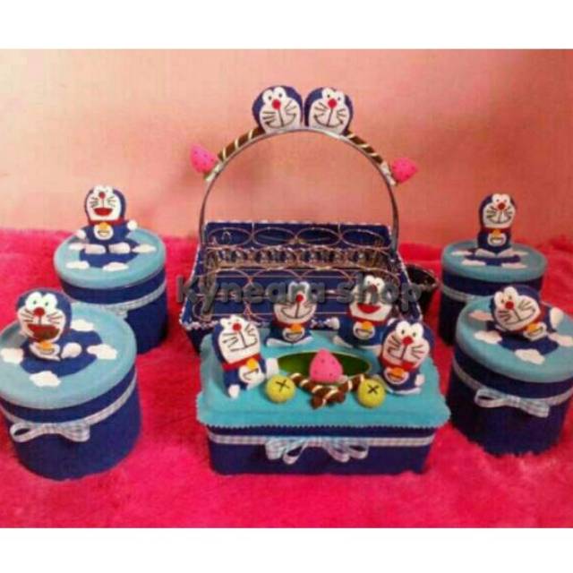 Toples set flanel Doraemon biru dongker