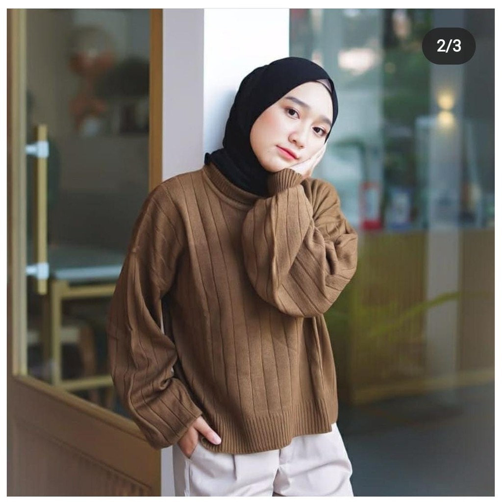 COD Delona Crop Turtle - Sweater Turtleneck Lengan Balon - Atasan Rajut Wanita Premium Terbaru 2021