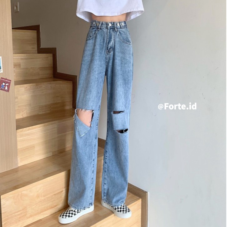 ripped jeans wanita high waist celana jeans loose Korea style PREMIUM IMPORT straight pants