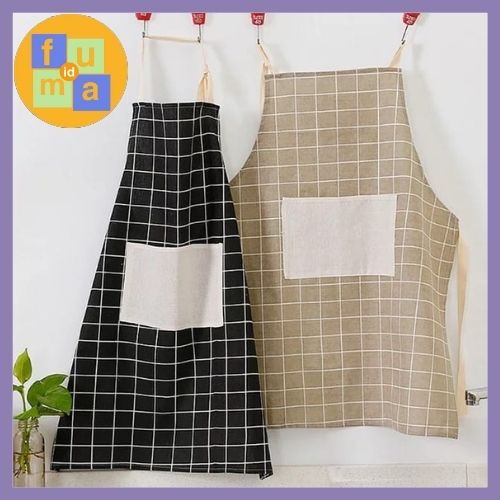 Celemek Dapur Apron Masak Apron Premium Japanese Style / CELEMEK MASAK DENGAN BAHAN KATUN LINEN DAN MOTIF KOTAK-KOTAK | CELEMEK APRON MASAK