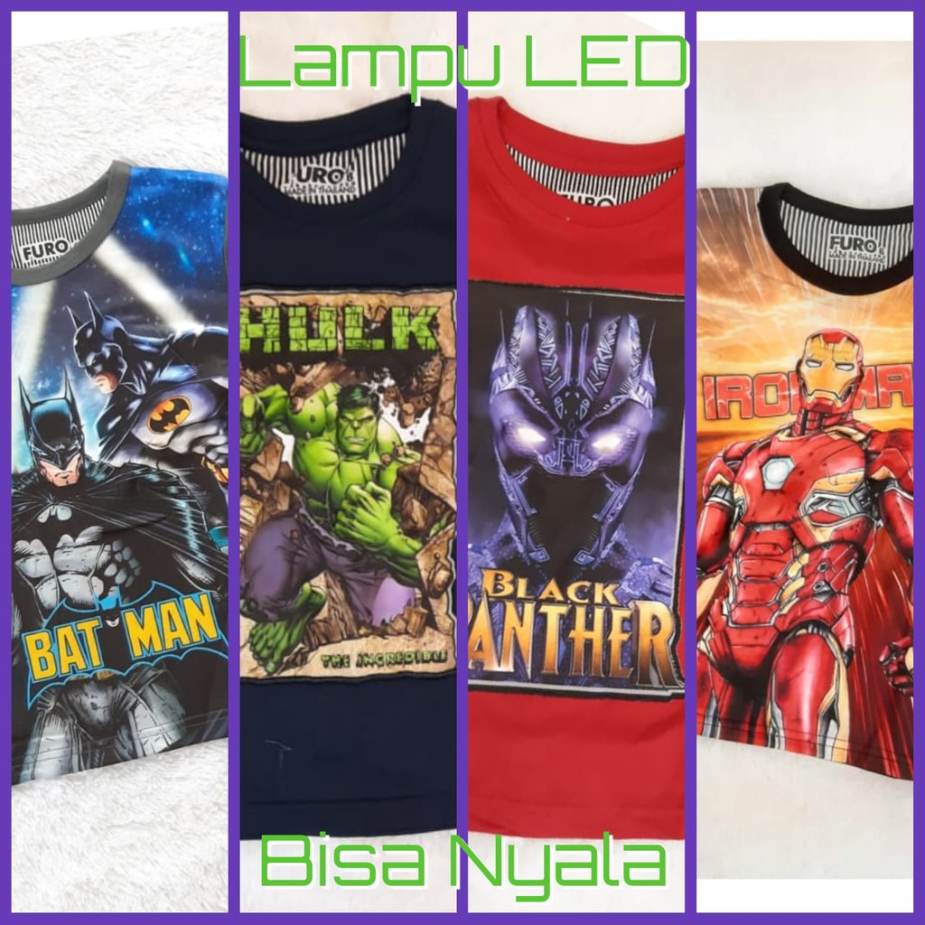 Kaos Anak Led Superhero Baju Nyala Furo Batman Black Panther Hulk Iron Man Cowok Laki Laki