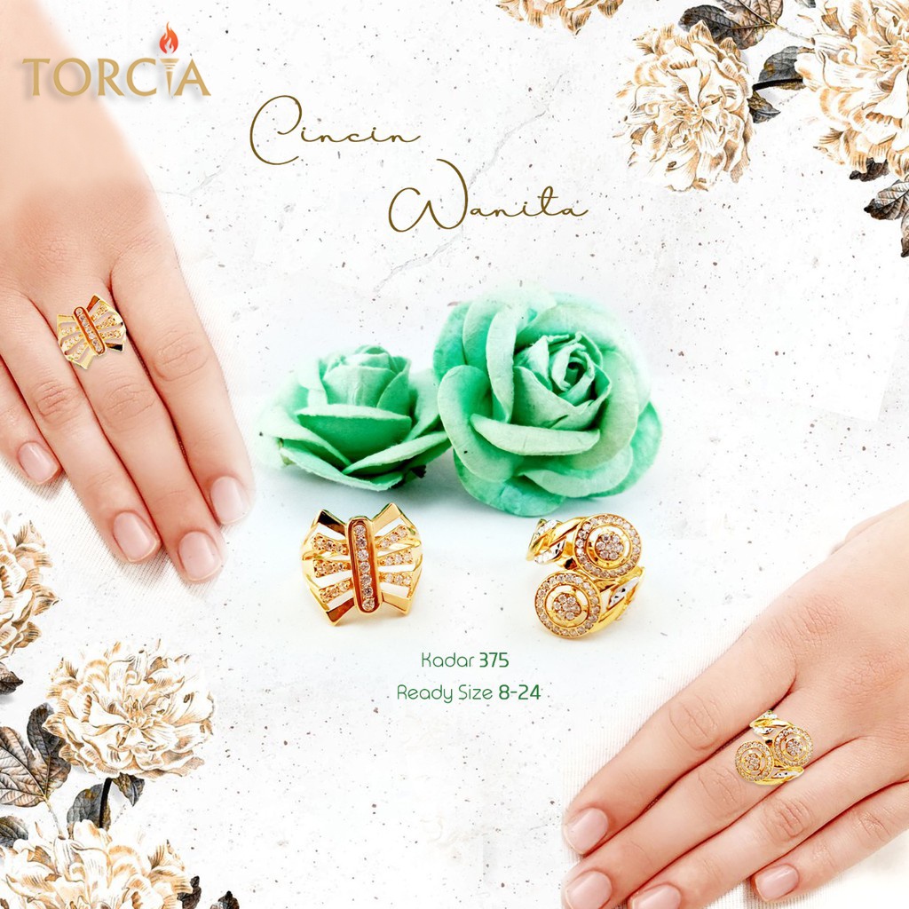 Cincin Wanita Emas Asli Besar 4 Kadar 375 Torcia Gold