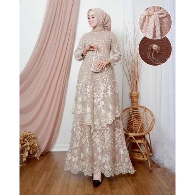 Gamis Tile Bordir|Gamis Tile Runcing|Gamis Tingkat Tile|Gamis Pesta Jumbo|Gamis Kondangan Mewah|Gamis Kebaya Brukat Modern|Gamis Pesta Mewah|Gamis Tingkat Busui|Gamis Bordir Mewah|Gamis Brukat Mewah|-Cream