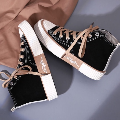 IDEALIFESHOES SEPATU CEWEK CANVAS HITAM MOTIF SIGNATURE KOREA STYLE SNEAKER PEREMPUAN TREND KANVAS TALI GROSIR SEPATU WANITA