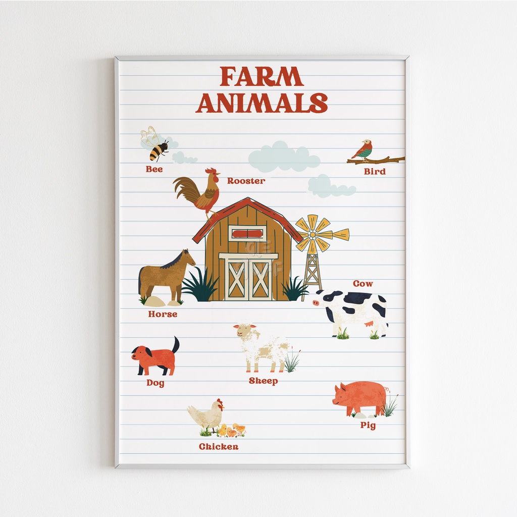 Poster/Wall Art Edukasi Anak A3 - Hewan Ternak ENG IND