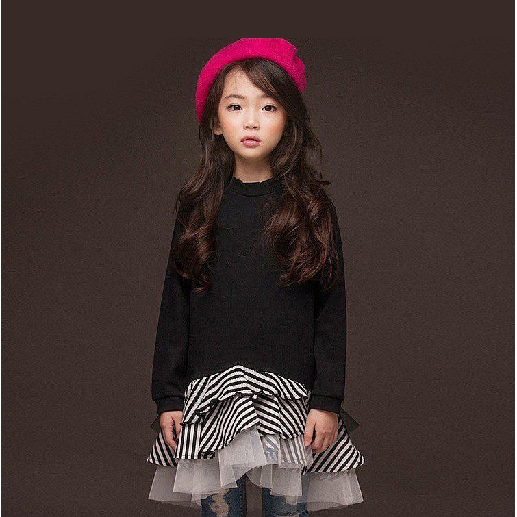 Blouse Anak Perempuan Blouse Hitam Putih Lengan Panjang Baju Atasan