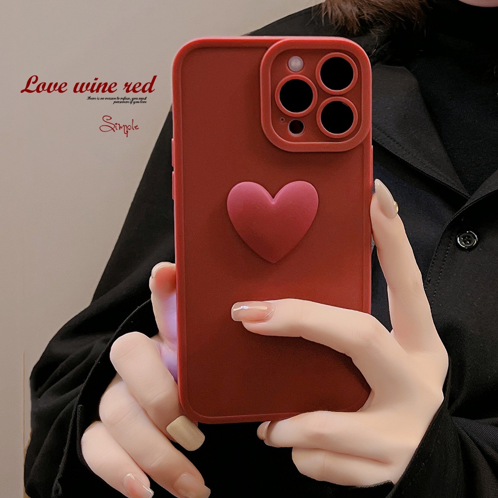 Case Pelindung Penuh Desain Hati 3D Warna Wine Red Polos Untuk Iphone 7 8 PLUS XR XS 11 12 13 MINI PRO MAX SE