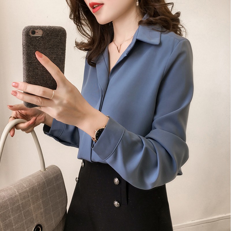 Versi Korea sederhana kemeja Lengan panjang wanita Atasan sifon Warna solid Tipis longgar-4