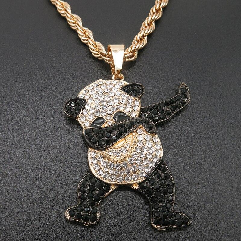 Kalung Liontin Desain Panda Aksen Berlian Warna Emas Gaya Hip Hop Rock Untuk Pria