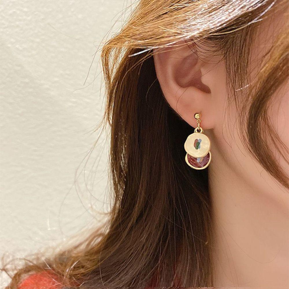 Needway Anting Asimetris Retro Vintage Desain Rasa Lukisan Minyak Drop Oil Piercing Earrings