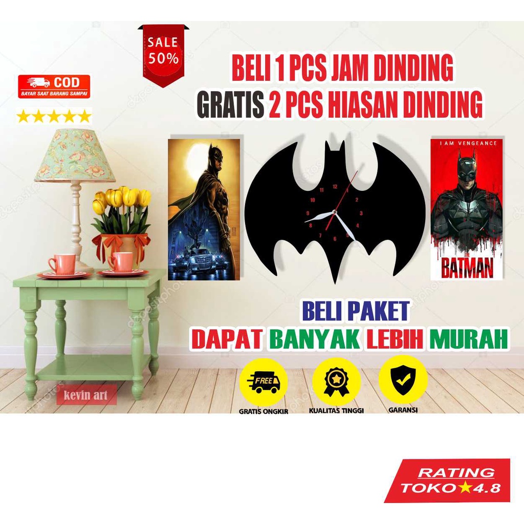 JAM DINDING BESAR KARAKTER BATMAN LOGO SUPERHERO GRATIS HIASAN DINDING 1 SET DEKORASI DINDING PAJANGAN DINDING  AKSESORIS KAMAR TIDUR RUANG TAMU UNIK DAN KEREN AESTHETIC GLOW IN THE DARK MINIMALIS ARTISTIK TEMPEL TEMBOK STIKER DINDING WALL DECOR MURAH