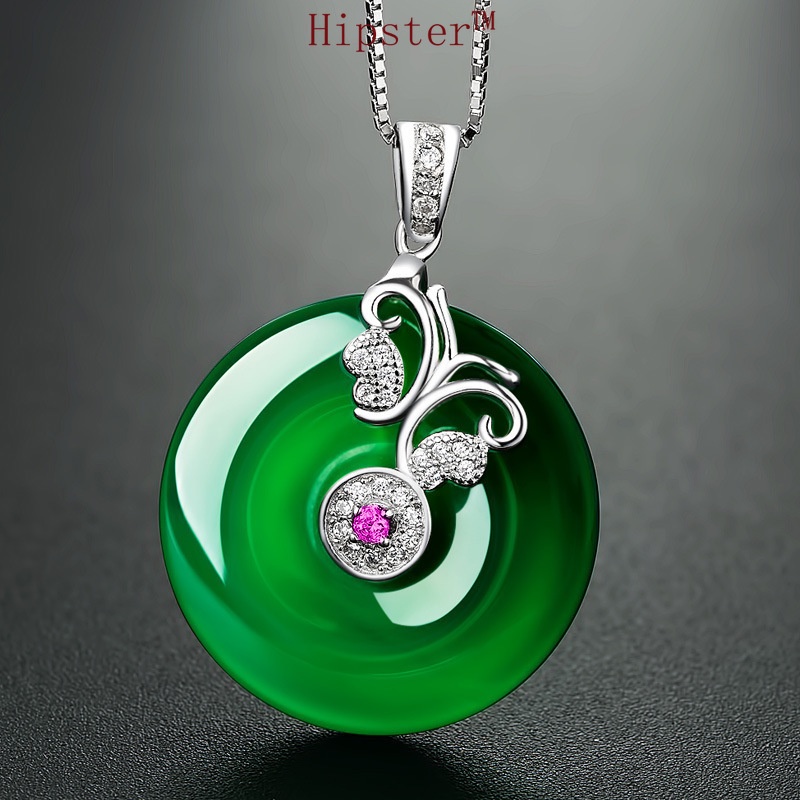 Retro Classic Inlaid Color Diamond Natural Hotian Jade Pendant Necklace