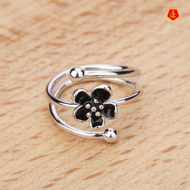 [Ready Stock]Original S925 Silver Black Flower Ring Creative Simple