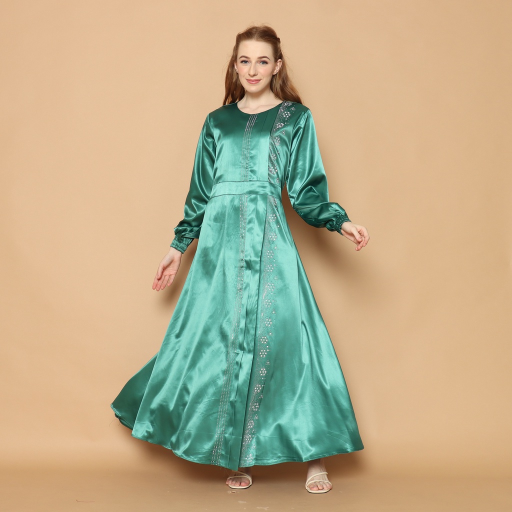 GAMIS SATIN SILK WARNA HIJAU / GAMIS PAYET MEWAH UNTUK PESTA / GAMIS WANITA MUSLIM