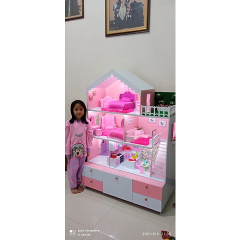 Rumah boneka barbie besar / jumbo kayu 3 lantai dengan laci & lampu, warna pink, ungu, biru - doll h