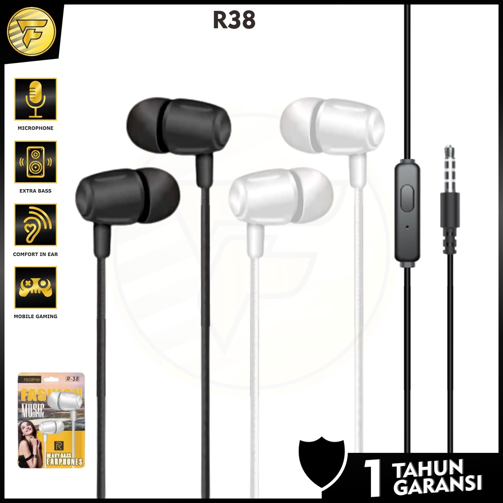 Earphone Realme 38 stereo bass music telfon headset mic