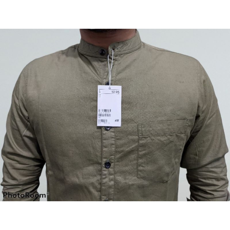 Kemeja Pria Shanghai HM Polos Katun Twill Panjang Army