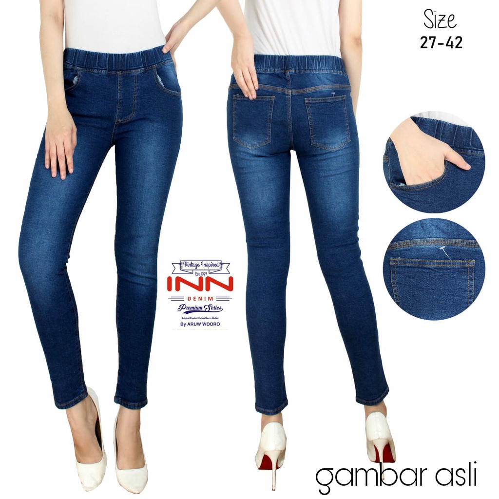 Celana Jeans Pinggang Karet Tebal Muat BB 120kg Ready Ukuran 27-45 Jegging Softjeans Polos Realpick