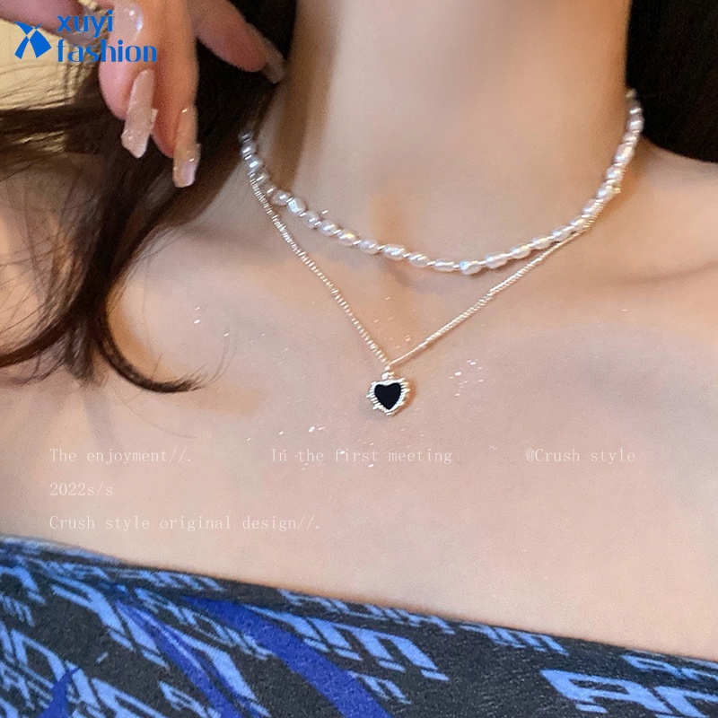 Kalung Rantai Choker Liontin Hati Hitam Hias Mutiara Ganda Untuk Wanita