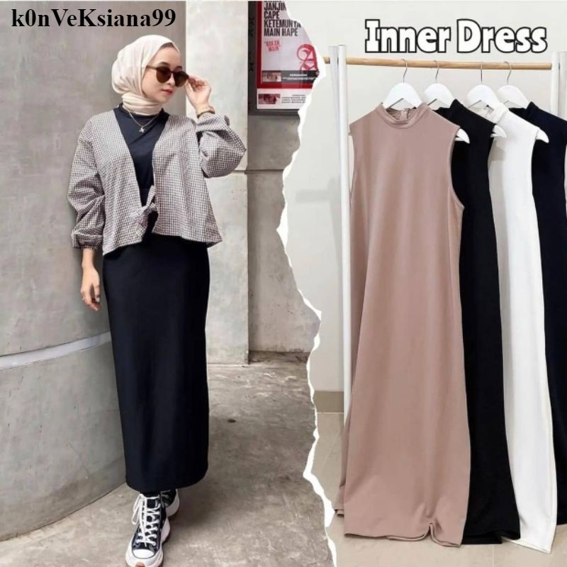 Inner Long Dress Dalaman Polos Tanpa Lengan Bahan Scuba