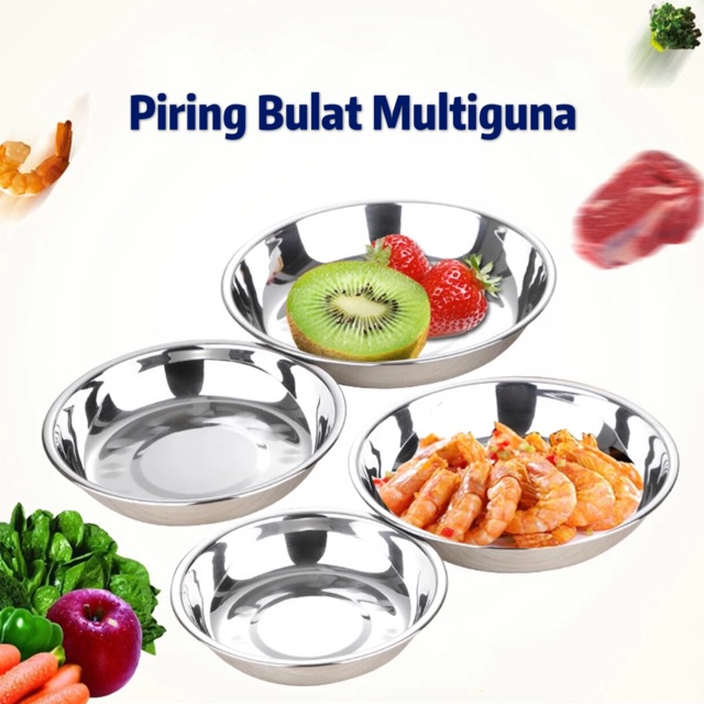 Nampan piring bulat tebal berkualitas serbaguna baki stainless steel polos pendek 20 22cm 24cm 26cm