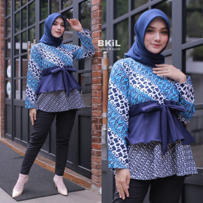 tey-17 Batik wanita ASJ SA HRB026 Kenongo Kemeja Tosca Pendek-Susun navy
