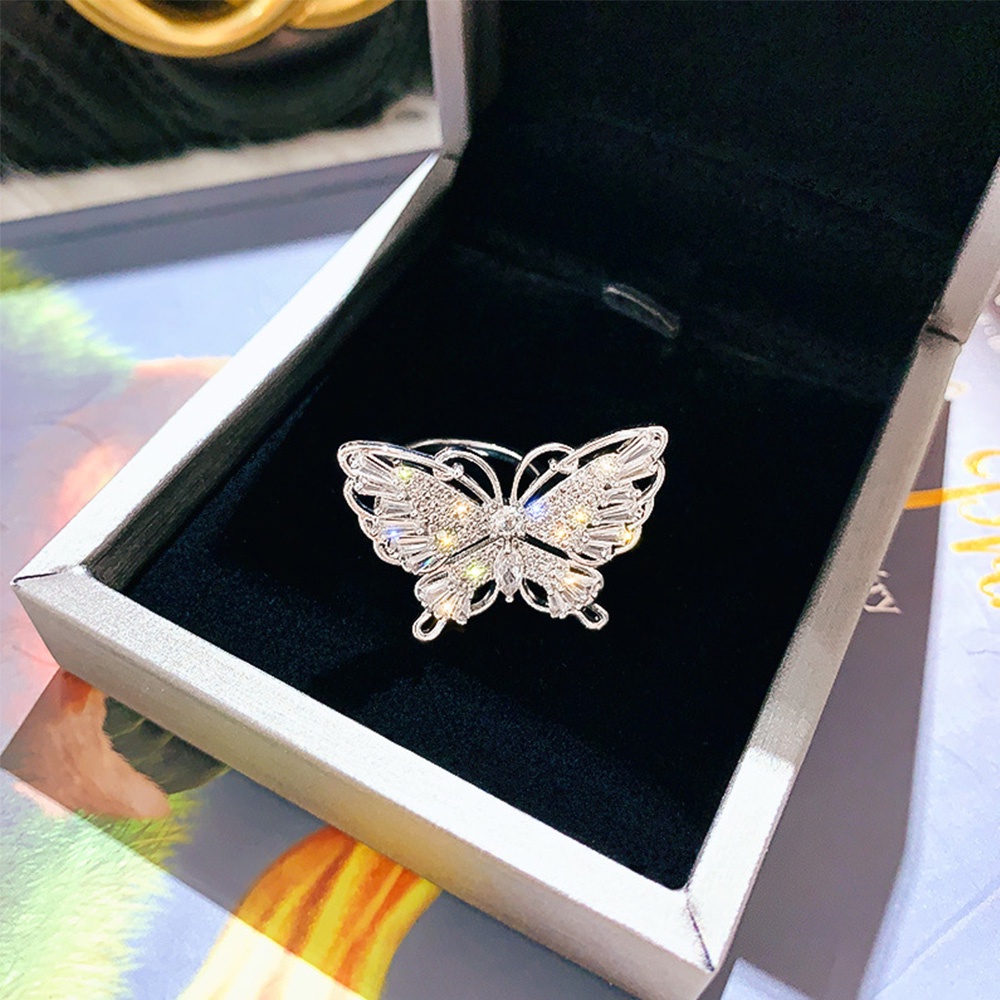 Cincin Jari Telunjuk Model Terbuka Desain Kupu-Kupu Bahan Tembaga Aksen Zirkon Warna-Warni Gaya Korea Untuk Wanita