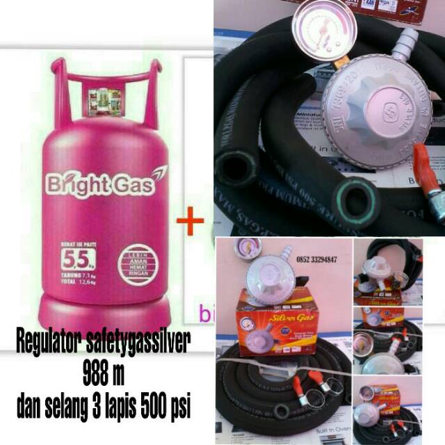 Tabung gas bright gas +isi dan Regulator safety gassilver 988 anti meledak