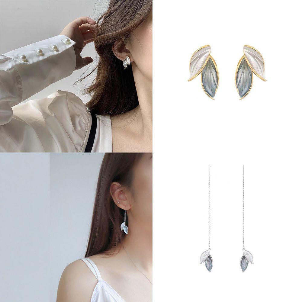 Lily Leaf Stud Earrings Bahan Alloy Wanita Ins Style Benang Telinga Daun