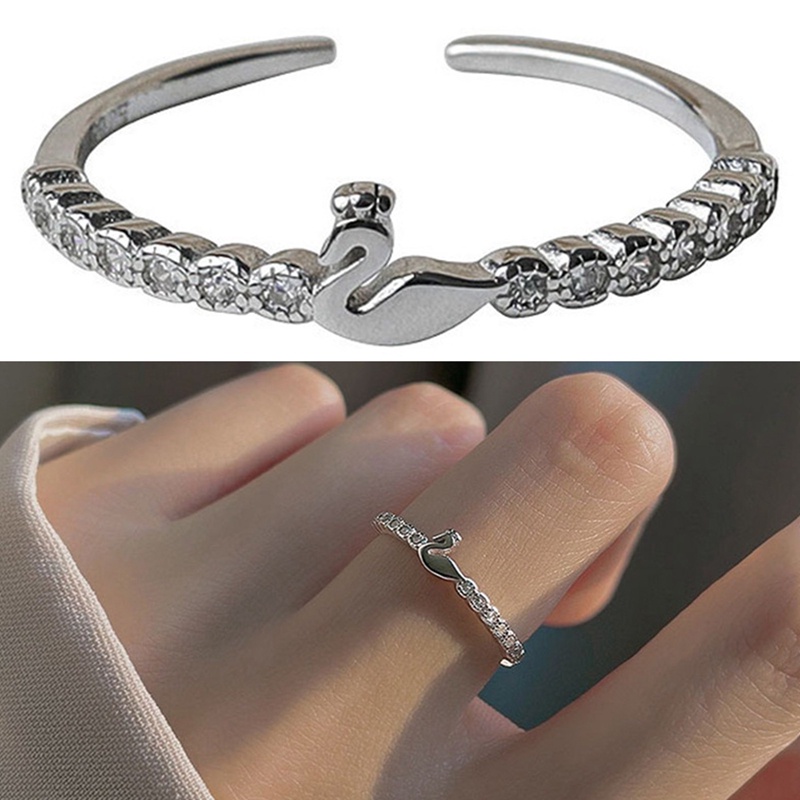 Cincin Sterling Silver S925 Model Terbuka Desain Angsa Kecil Aksen Berlian Gaya Korea Untuk Wanita