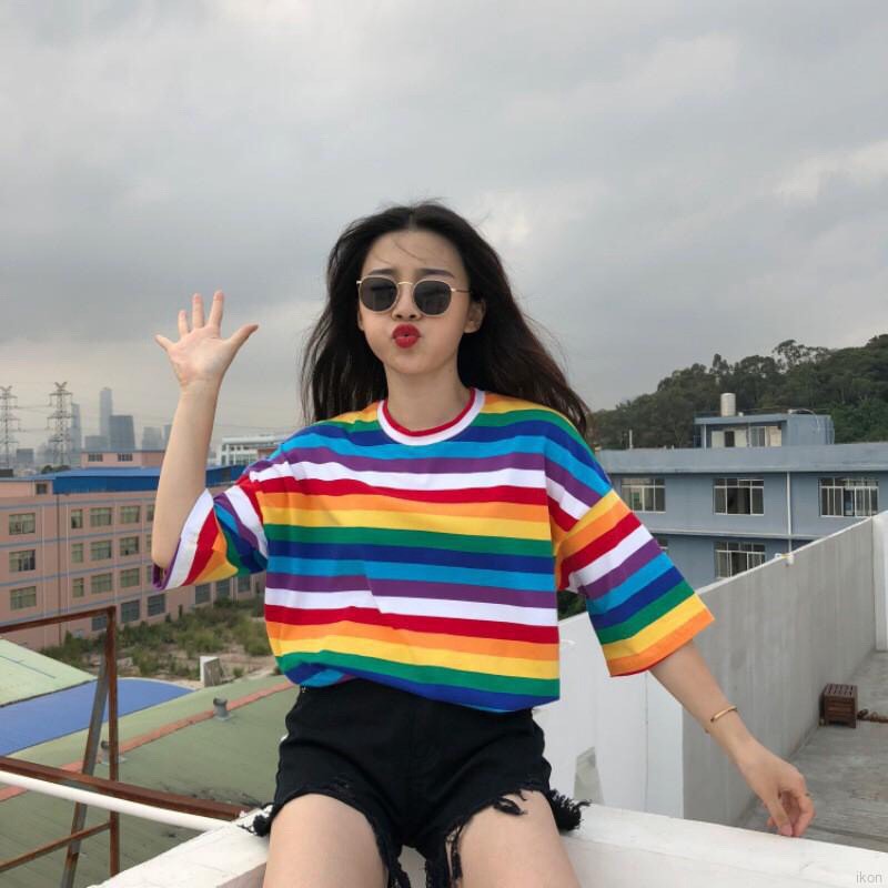 GFS TM KAOS T-SHIRT O-NECK MOTIF GARIS PELANGI SWEET RAINBOW