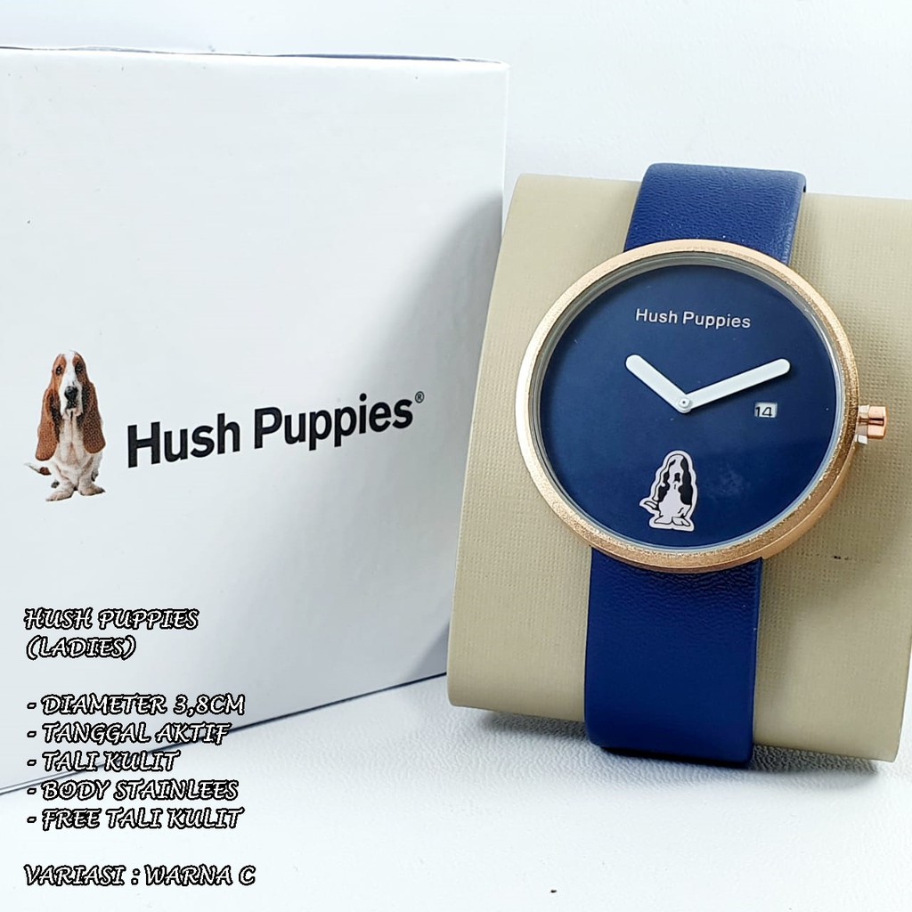 JAM TANGAN WANITA HUSH PUPPIES TALI KULIT BODY BULAT TANGGAL AKTIF FREE TALI KULIT