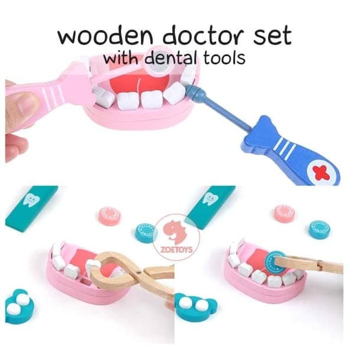 Zoetoys Wooden Doctor Set With Dental Tools A B  | Medical Set Kit Dokter Gigi Dentist Pretend Play Toys | Mainan Red blue Dokter Dokteran umu | Cari Kado Natal