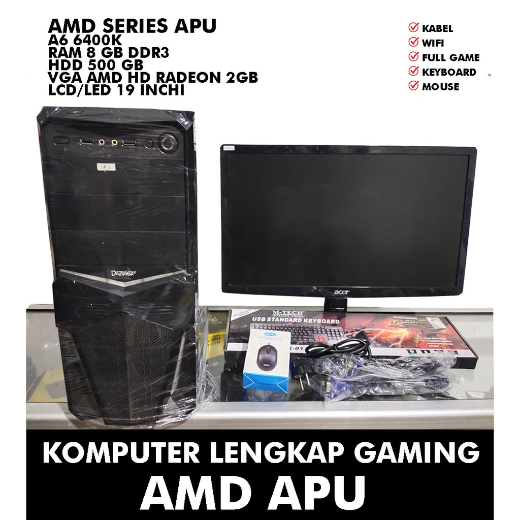 PC Gaming AMD apu A6 6400k/RAM 8gb/HDD 500gb/grafik 2 gB/Wifi/LCD 19inc