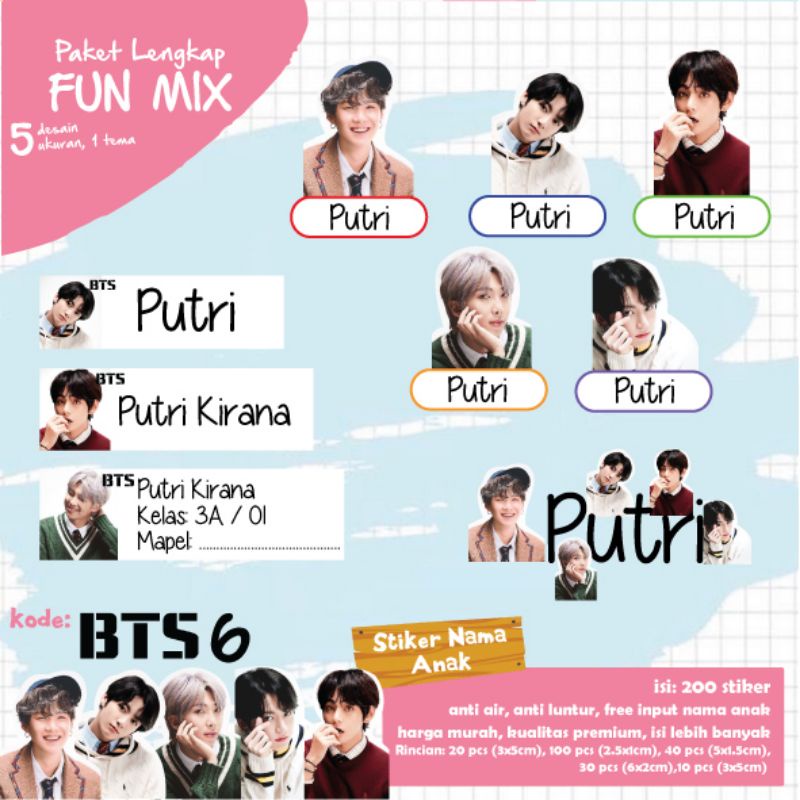 

200 PCS STIKER NAMA ANAK FUN MIX WATERPROOF KOREA BTS6