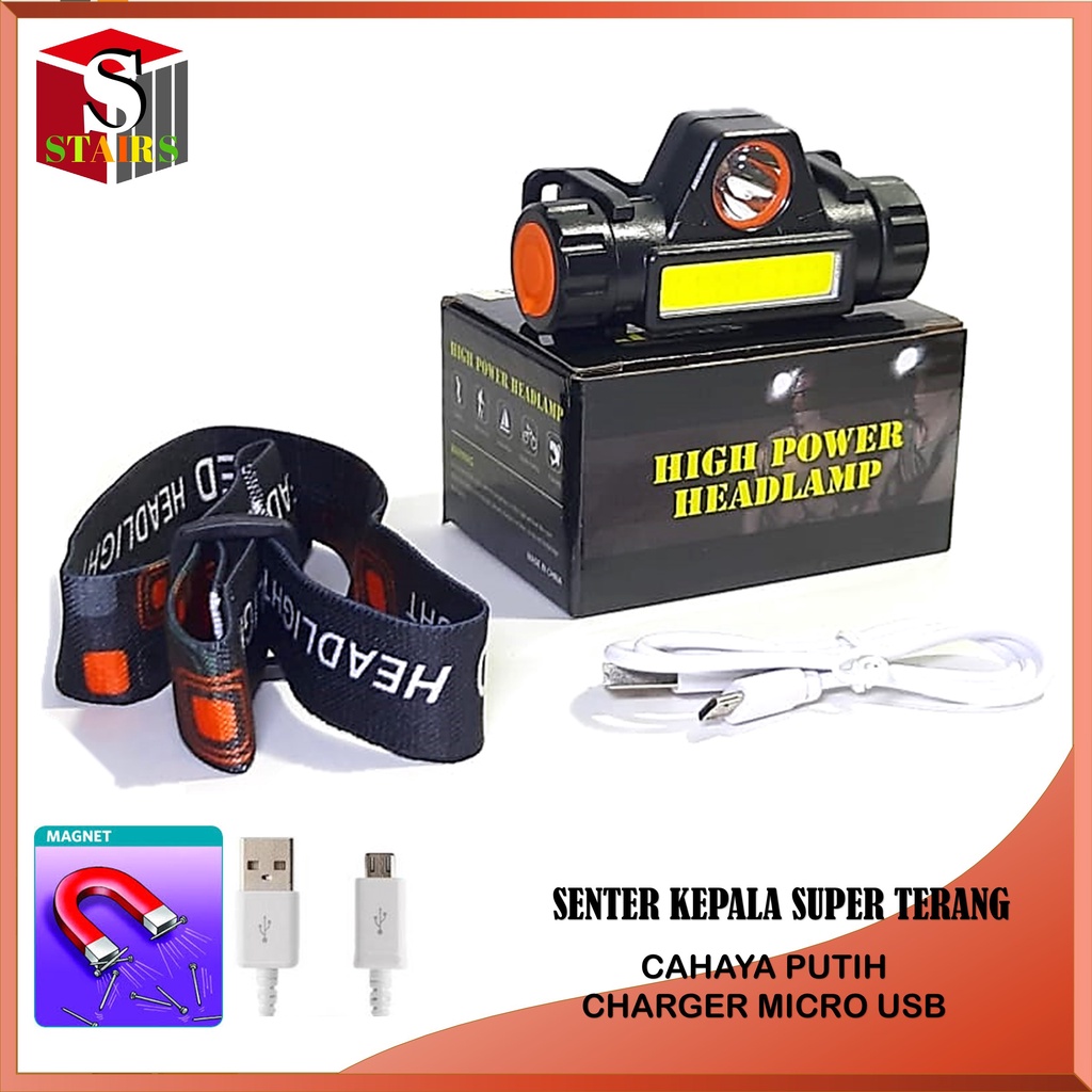 Terang Murah Senter Kepala Headlamp LED High Power Super Terang Model 2 Cahaya  Sisi Body Magnet