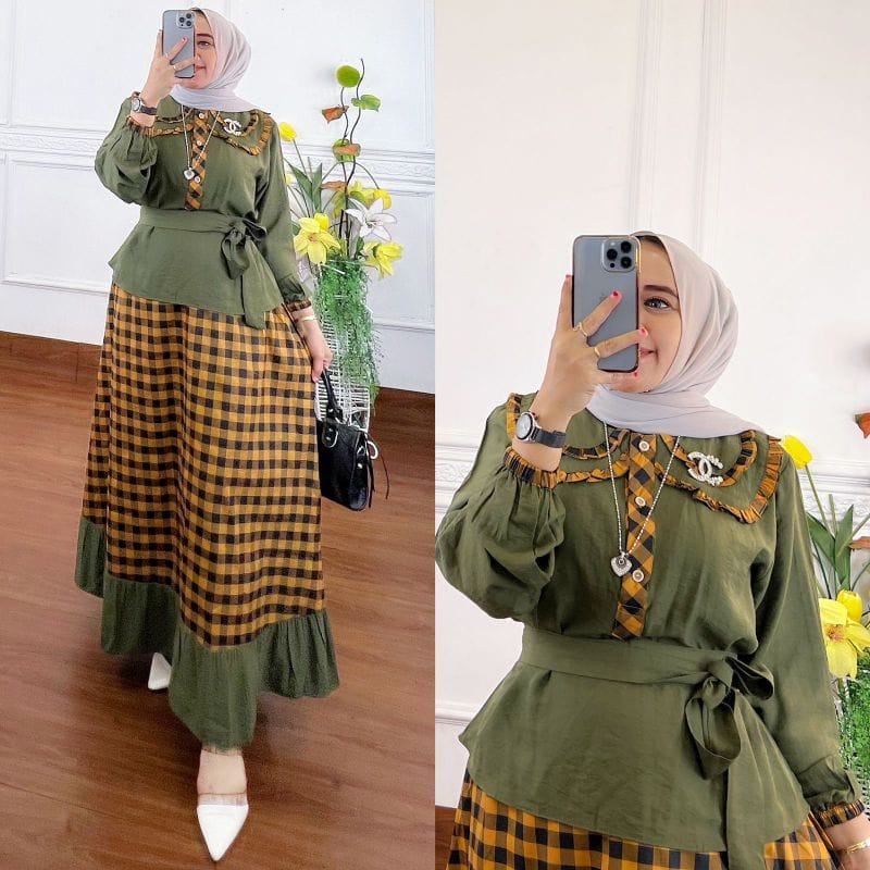 GAMIS STORE - Nila Set 2in1 l Setelan Shakila Polos Mix Katun Kotak Import Fit S-XL | Baju One Set Atasan + Rok Remaja Wanita Muslim Kekinian