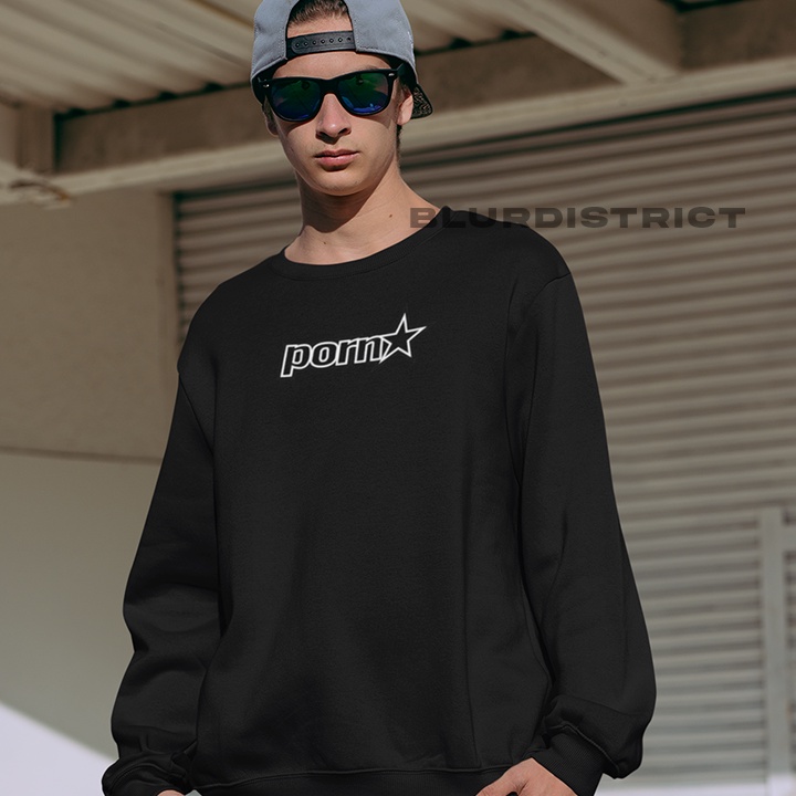 BlurDistrict Sweater PORNSTAR-CN Crewneck Hitam Sweter Distro Pria dan Wanita Kain Fleece Tema Jokes