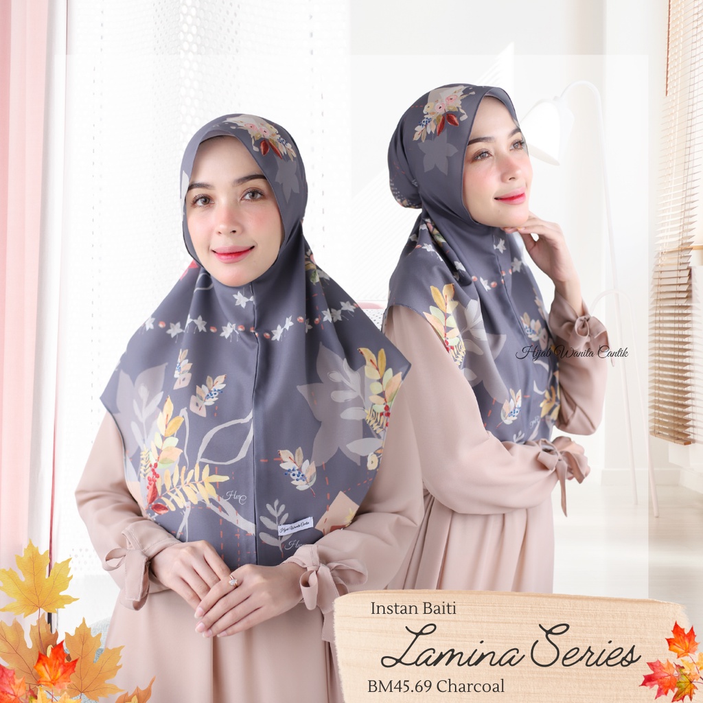 Hijabwanitacantik - Instan Baiti Lamina Series BM45.69 Charcoal | Hijab Instan Bergo | Jilbab Instan Motif Printing Premium
