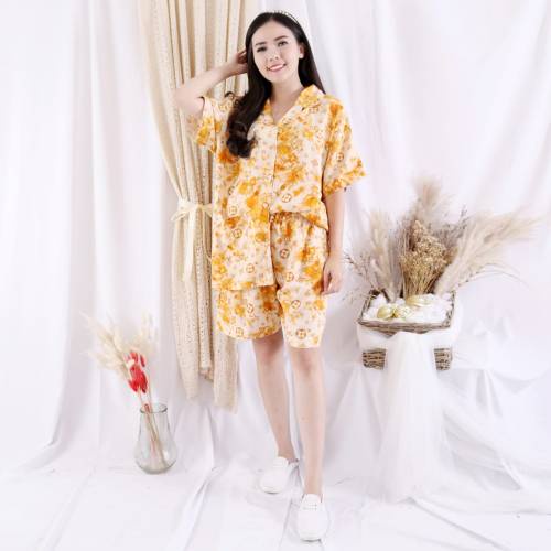 Setelan Piyama Wanita Pendek HP Satu Set Tie Dye Rosei Jumbo XXL Big Size Baju Tidur Wanita Cewek Casual Setelan Rayon One Set Cantik-AZINAH MUSTARD