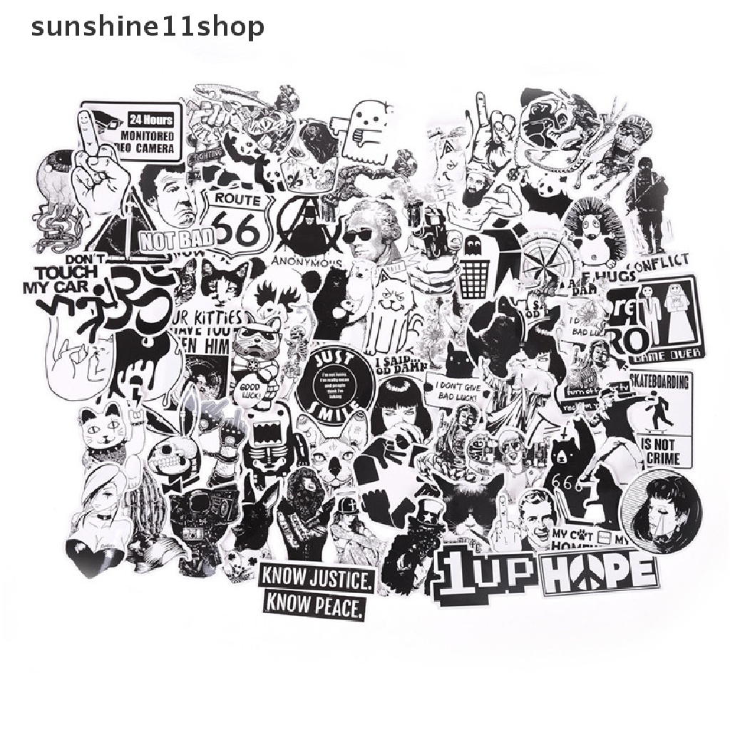 Sho 100Pcs Stiker Graffiti Bahan PVC Warna Hitam Putih Untuk Skateboard / Koper / Laptop