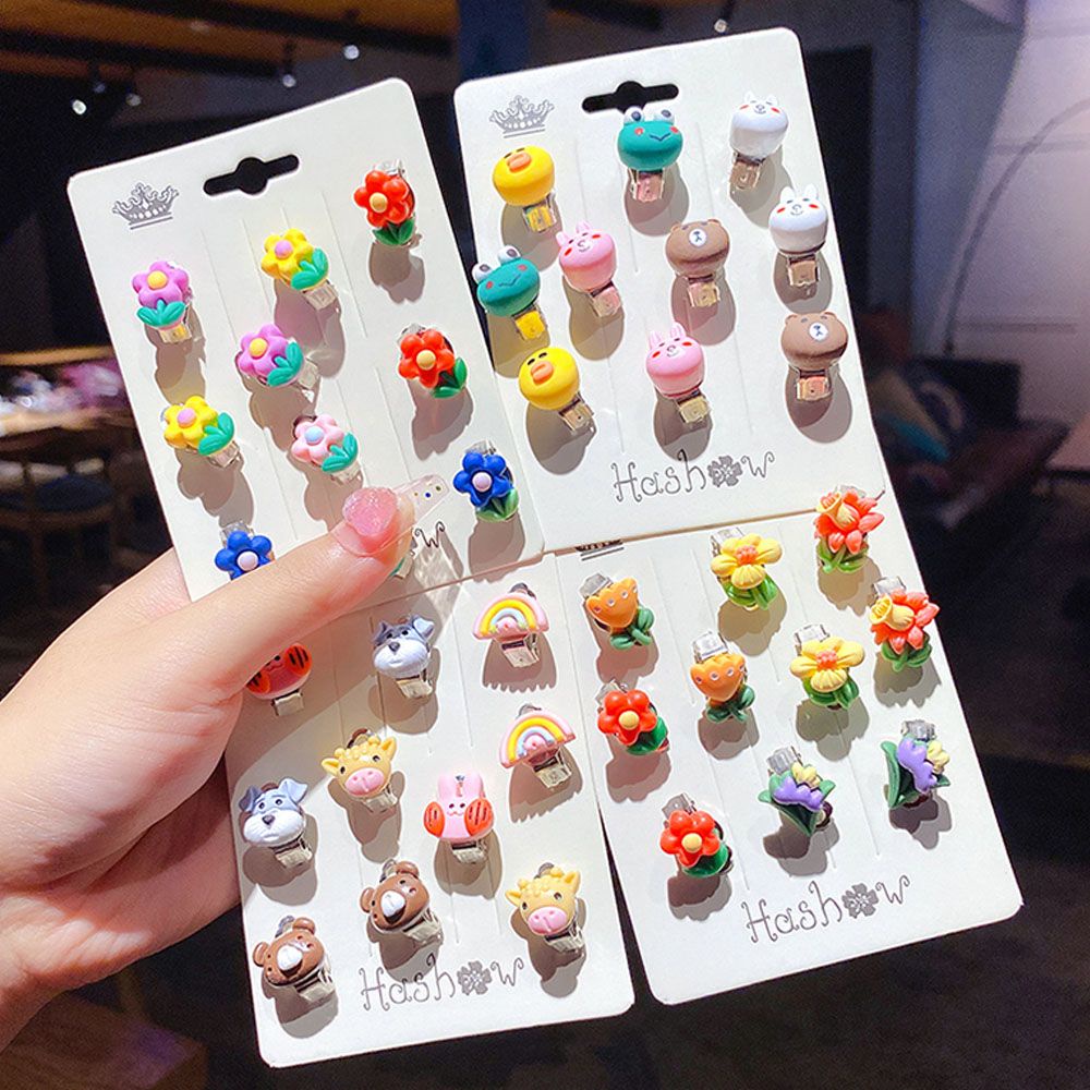 Needway  10pcs / Set Anting Klip On Tanpa Tindik Desain Bunga / Hewan / Buah Untuk Anak Perempuan