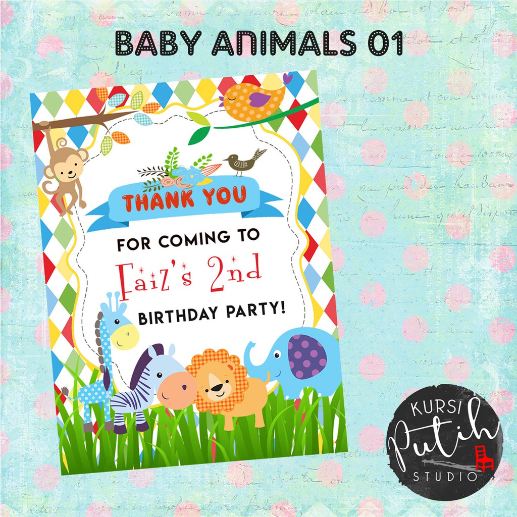 

Birthday thank you card tema baby animals