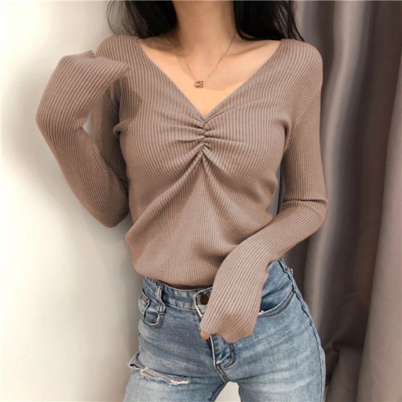 Blouse VNECK Kerut Rajut Lengan Panjang Fashion Wanita