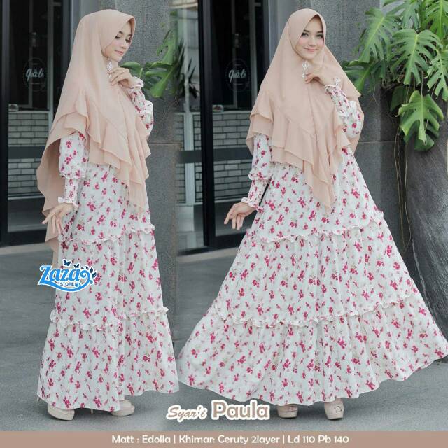 Gamis syari set khimar antem gamis syari casual gamis syari motif bunga Paula Syari by Zaza