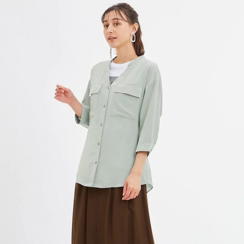 GU/UNQ BLOUSE POCKET - atasan kemeja/blouse wanita-Tanpa Belt - Green