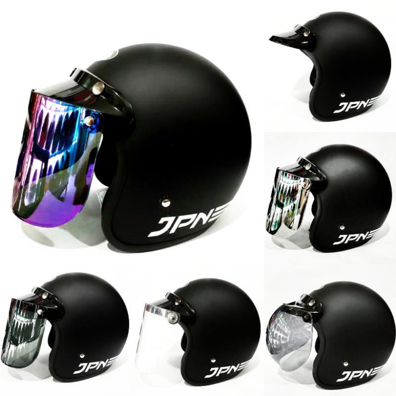 0HELM BOGO JPN RETRO HITAM DOP KACA DATAR & CEMBUNG