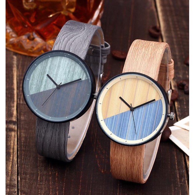 Jam Tangan Pria Wanita Bulat MOTIF KULIT KAYU Strap Kulit Vintage Korea Fashion Analog Women Watches