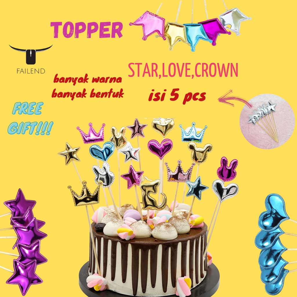 Topper Kue Motif Star, Love, Crown 5pcs Untuk Dekorasi Cake Ulang Tahun