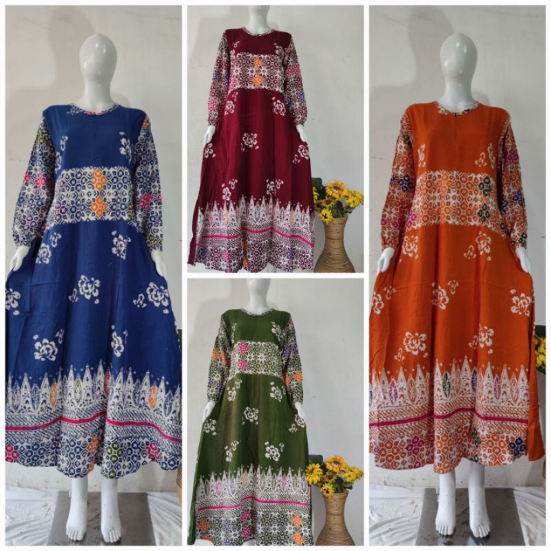 GAMIS DASTER BATIK CAP SERUT DAN CHIBI MERAH / KAIN RAYON TEBAL CANDI MEKAR / BUSUI FRIENDLY